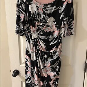 Connected Apparel Black and Pink Floral Midi Dress